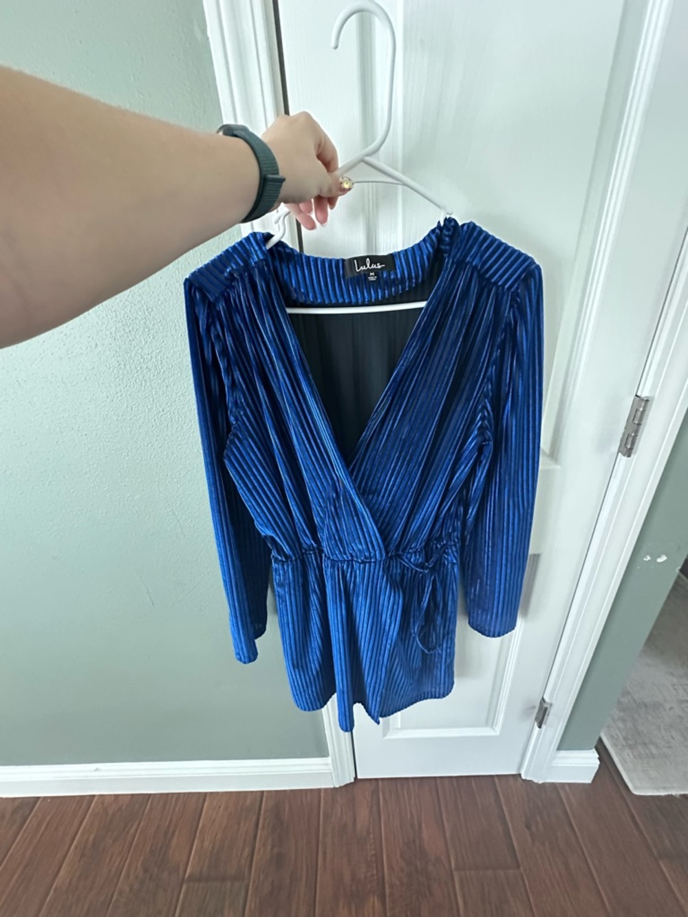 Lulu's Blue Velvet Striped Pleated Dress